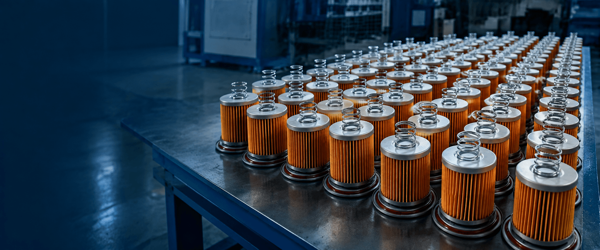 Assembled spin-on filter elements arranged for inspection, illustrative of SHANLIN production output